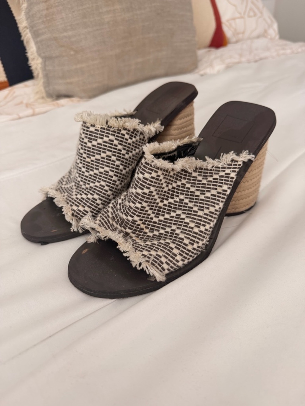 Dolce Vita Black & Cream Woven Frayed Block Heel Mules
